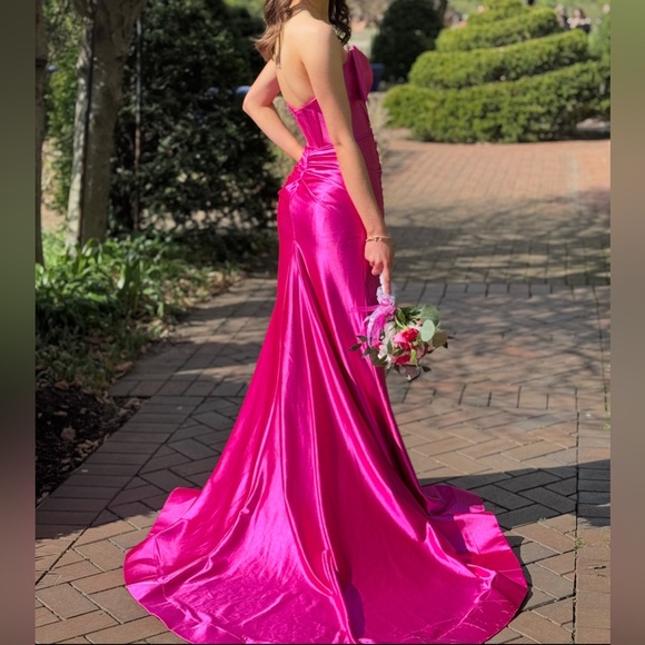 Sherri Hill 000 prom dress 2025 hot pink bow train formal satin designer - Picture 2 of 3